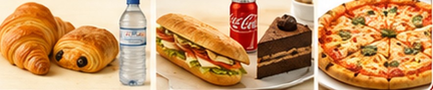 Croissants, sandwich, boisson, gâteau et pizza
